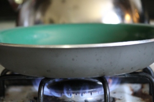 Turn the burner on to medium so you do not burn the eggs.